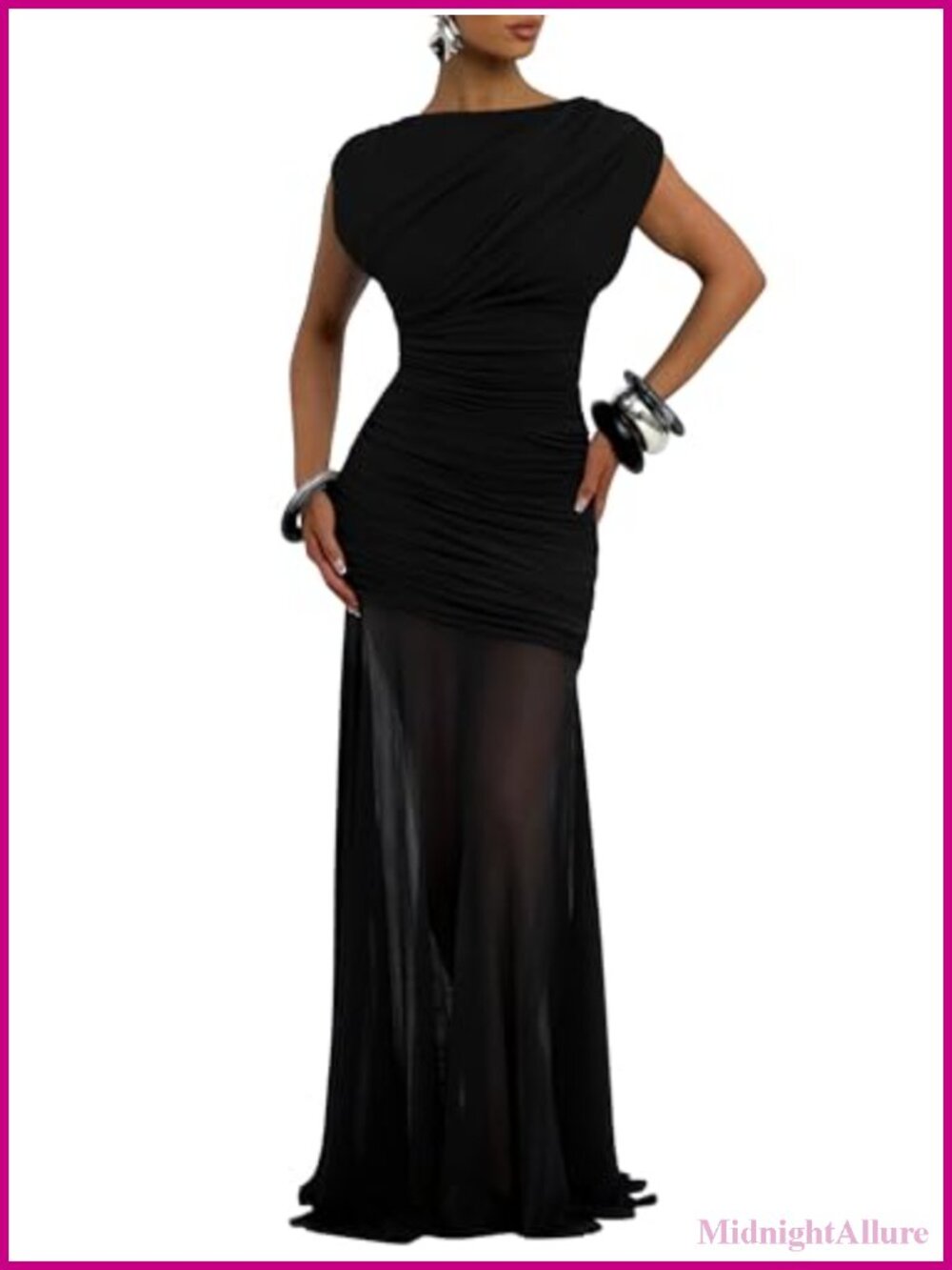 Women's Sleeveless Ruched Bodycon Maxi Party Dress Stretch Mesh Formal Gown